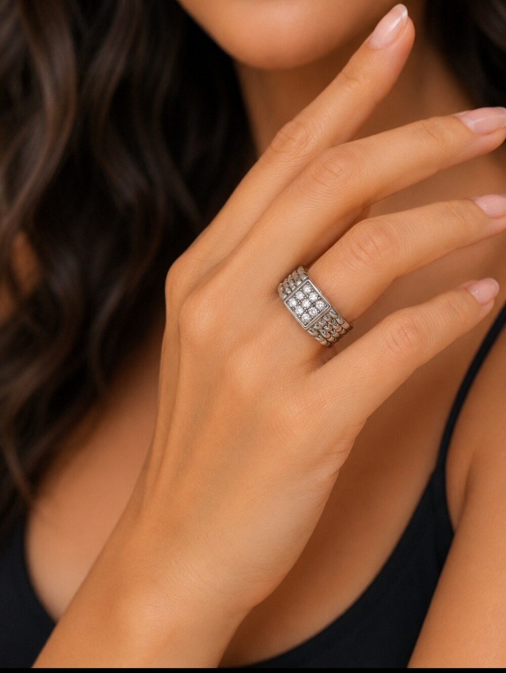 Sterling Silver Crystal Cluster Wide Band Ring - Silver